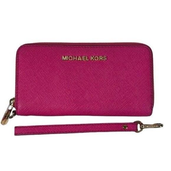 Michael Kors Jet Set Travel Continental Wristlet Wallet Pink Saffiano Leather - Picture 1 of 16